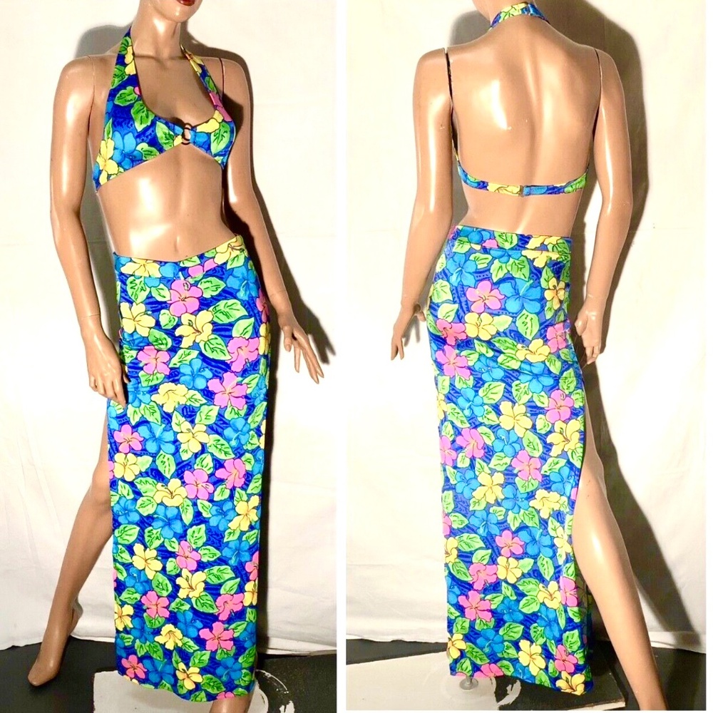 Kat Byrd* 2 pc Neon Tropical Floral Bodycon Spandex Halter Top/Long Skirt Set~S